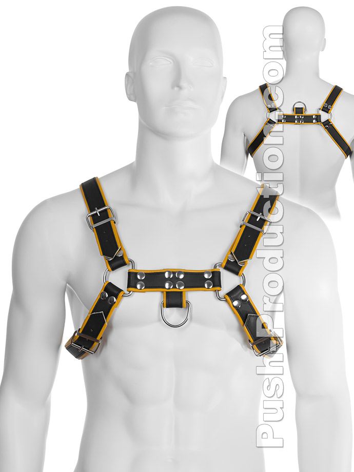 Echtledergeschirr BDSM Top Harness - Schwarz/Gelb